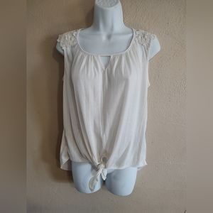 French Laundry Beige Ivory Knit Lace Shoulders Tie Waist Blouse SZ Small Medium